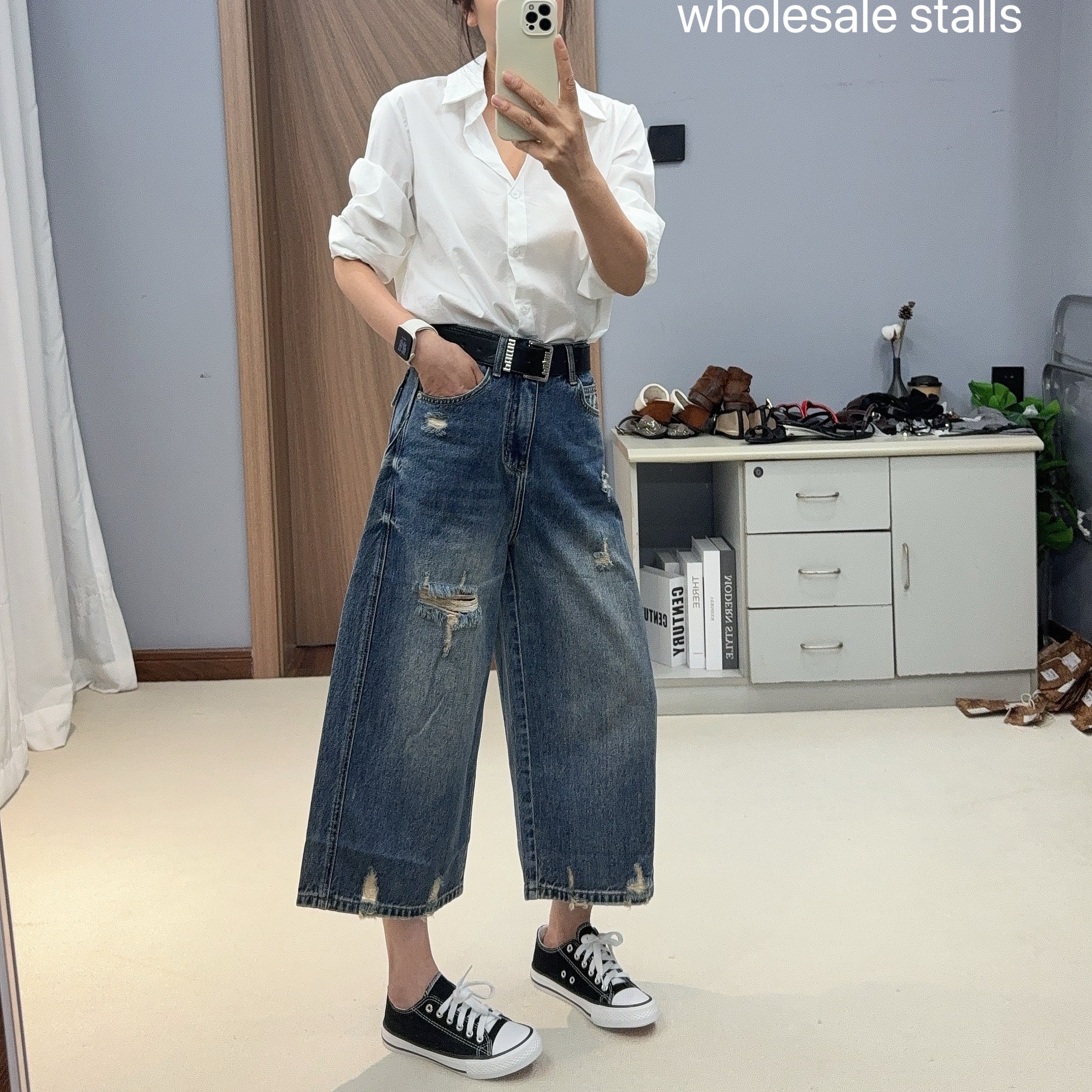 jeans15152 여름 2026 새로운 캐주얼 찢어진 부분 하이웨이스트 넓은 다리 청바지 루즈핏 없음 폭탄 7부 바지 여성 n