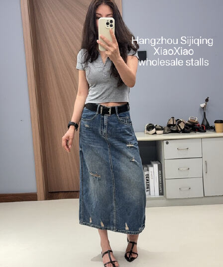 jeans 6532 여름 26 새로운 한국 스타일 이후 중 트임 데님 8 점 h 종류 찢어진 부분 중간 길이 반신 스커트 여성 n