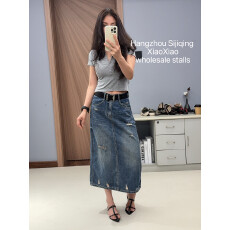 批发Jeans 6532夏季26新款韩版后中开叉<b class='q'>牛仔</b>八分H型破洞中长半身裙女N