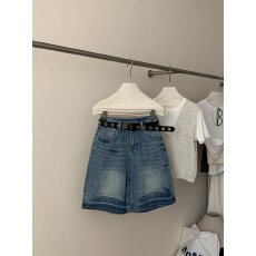 批发时尚穿搭渐变个性宽松直筒水洗蓝色牛仔<b class='q'>短裤</b>女<b class='q'>高腰</b>五分裤