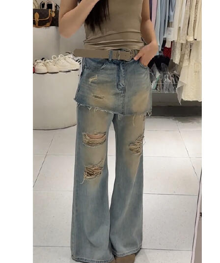 마 오래된 페이크 레이어드 찢어진 부분 마이크로 나팔 청바지 여성 2026 여름 새로운 하이웨이스트 몸매 가꾸기 슬림해 보이는 개성 세련된