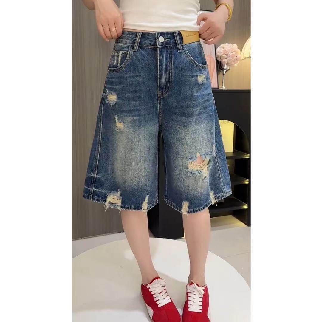 여름 새로운 작은 대중 레트로 하이웨이스트 찢어진 부분 오부 바지 넓은 다리 데님 반바지 여성 작은 키 루즈핏 슬림해 보이는