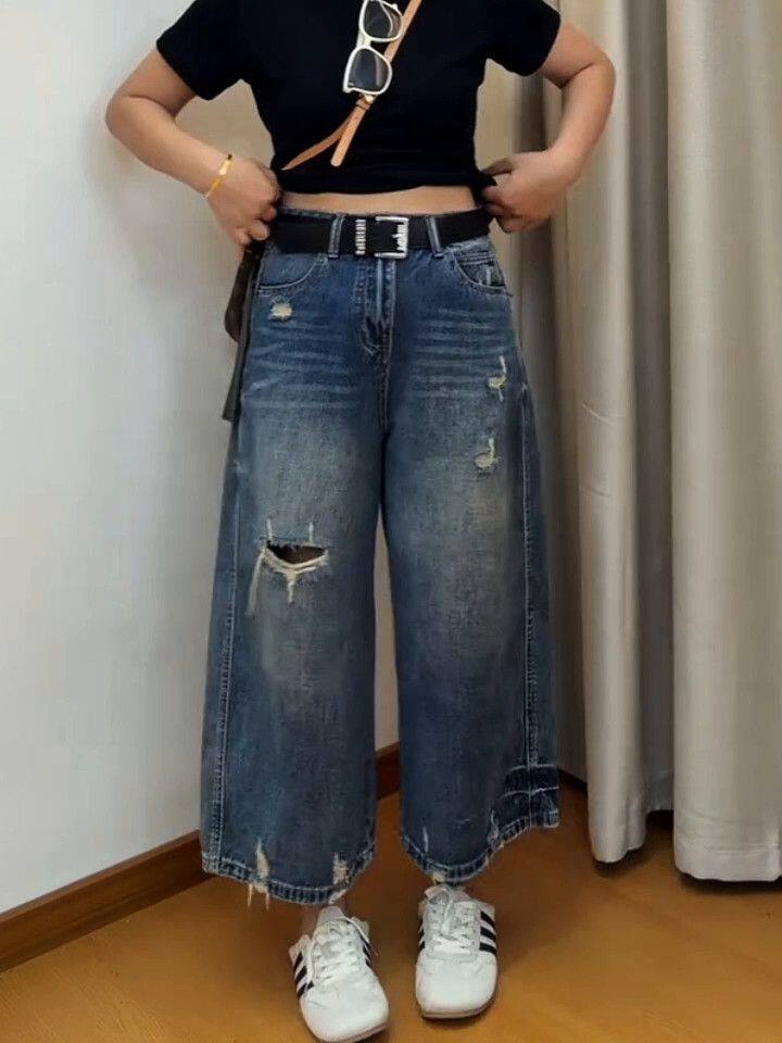 새로운 패션 외국 가스 찢어진 부분 여름 얇은 스타일 빅 사이즈 청바지 여성 루즈핏 표지 고기 슬림해 보이는 여덟 9 포인트 와이드 레그 팬츠