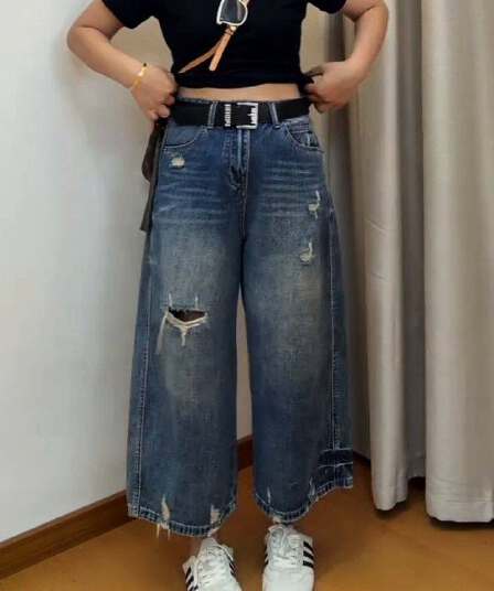 새로운 패션 외국 가스 찢어진 부분 여름 얇은 스타일 빅 사이즈 청바지 여성 루즈핏 표지 고기 슬림해 보이는 여덟 9 포인트 와이드 레그 팬츠