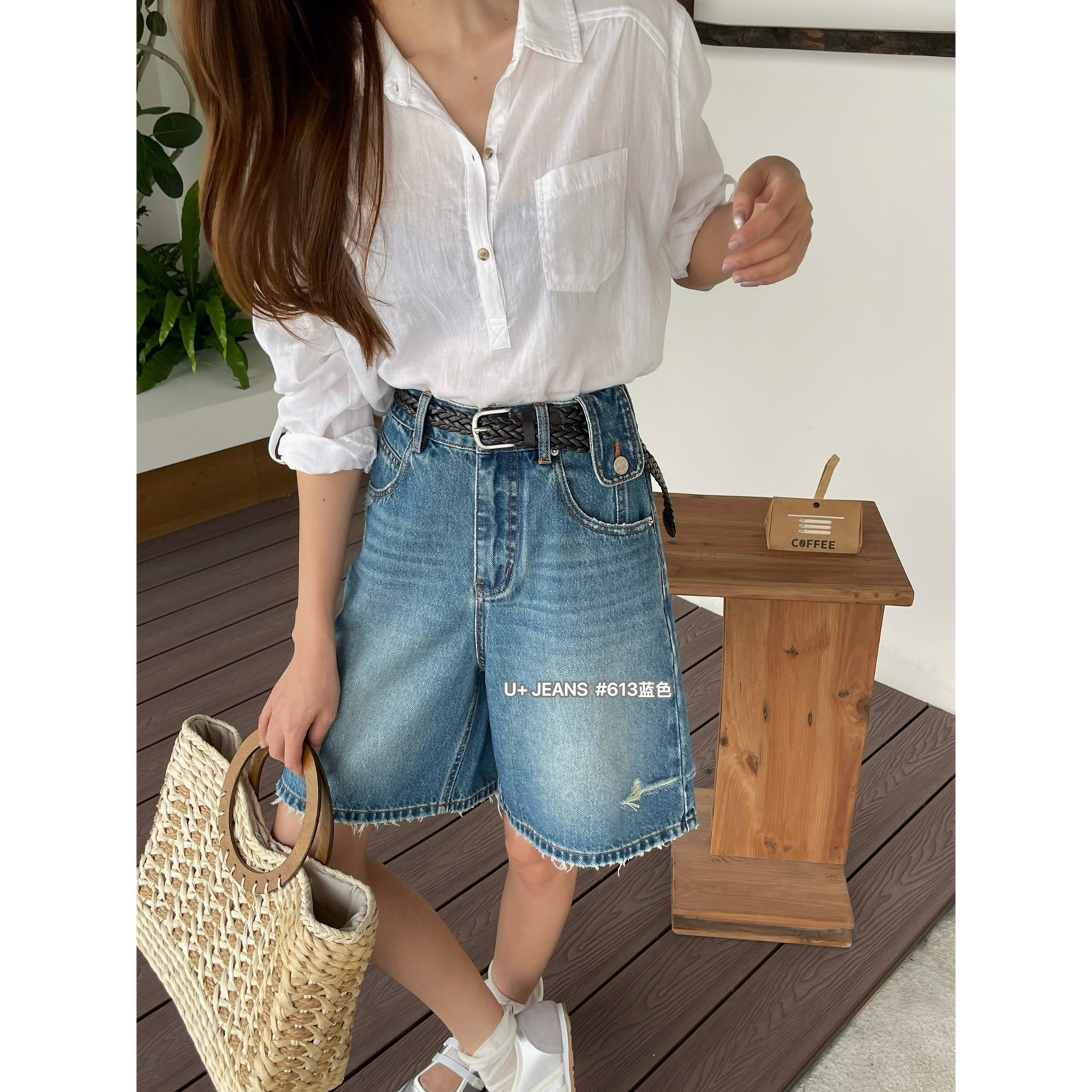 u+ 데님 여름 새로운 디자인 센스 출퇴근 작은 여자 품격 바람 캐주얼 다용도 섹션 청바지 반바지 613