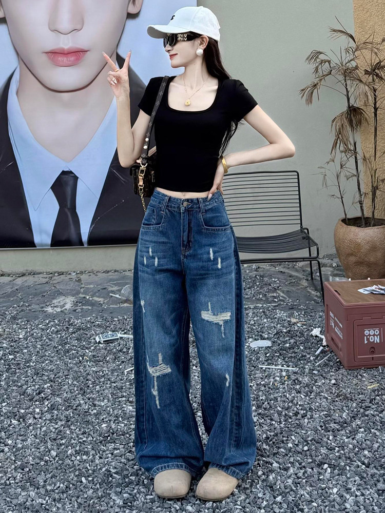 유럽 상품 레트로 찢어진 찢어진 부분 넓은 다리 모통이 칼 청바지 여성 여름 높음 거리 고유 한 주머니 하이웨이스트 바닥 청소 긴 바지