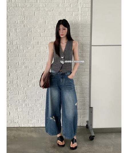 u+ 데님 여름 새로운 한 부서 다용도 작은 여자 벽오동 바지 레트로 블루 찢어진 부분 디자인 청바지 16268