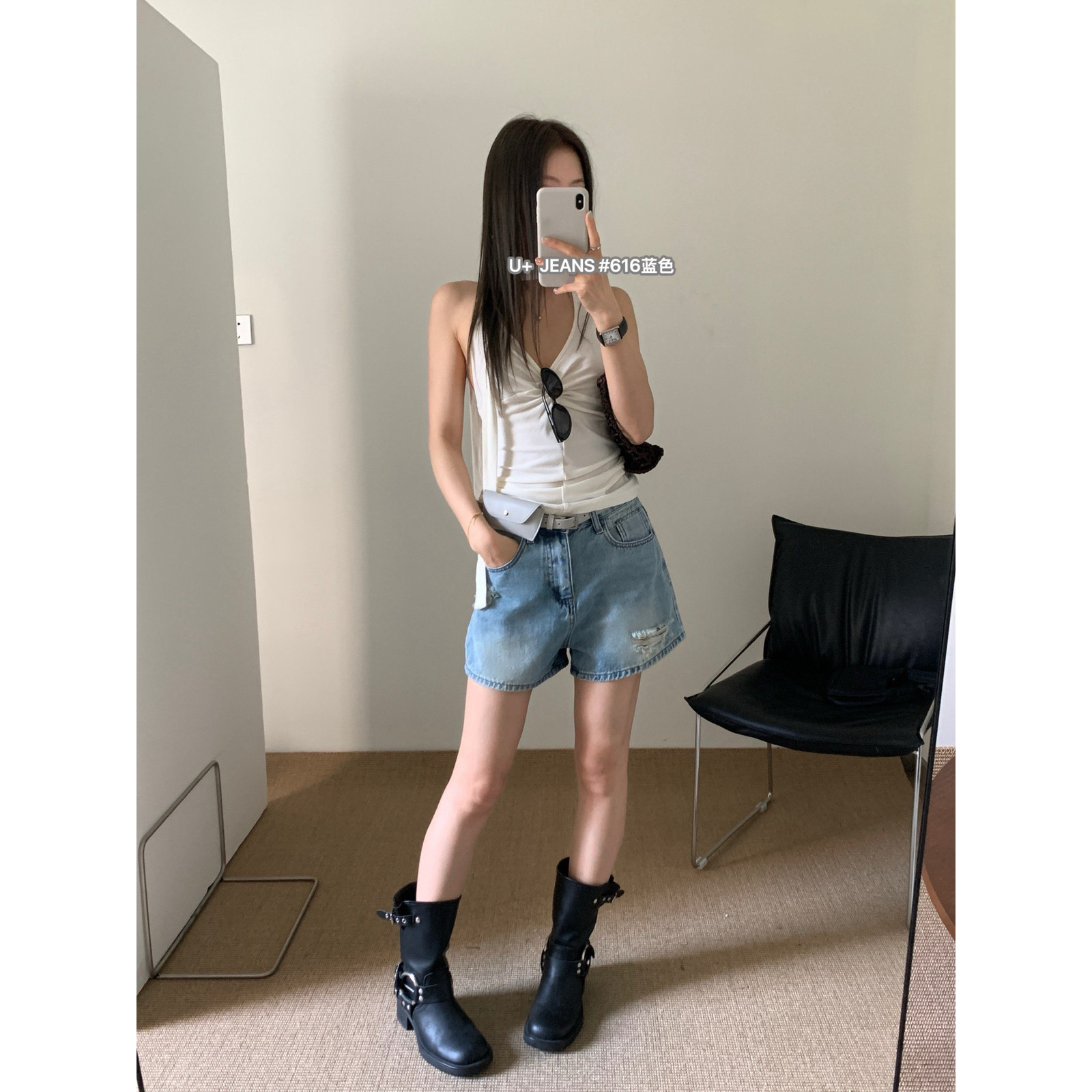 u+ 데님 루즈핏 단어 버전 반바지 코디 힙색 꾸밈음 슈퍼 패션 청바지 벨트 포함 힙색 616