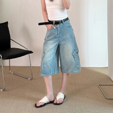 批发实拍~~<b class='q'>韩版</b>百搭高腰显瘦美式大口袋设计七分工装裤休闲<b class='q'>牛仔裤</b><b class='q'>女</b>夏