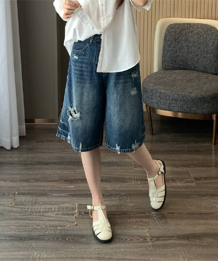 in blue 26 년 여름 새로운 레트로 6 점 찢어진 부분 하이웨이스트 워싱 데님 면 넓은 다리 스트레이트 반바지 여성