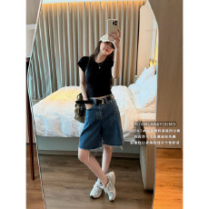 批发素心兰2026夏美式复古毛边四分裤拼色口袋骨线设计<b class='q'>牛仔</b><b class='q'>短裤</b>38767