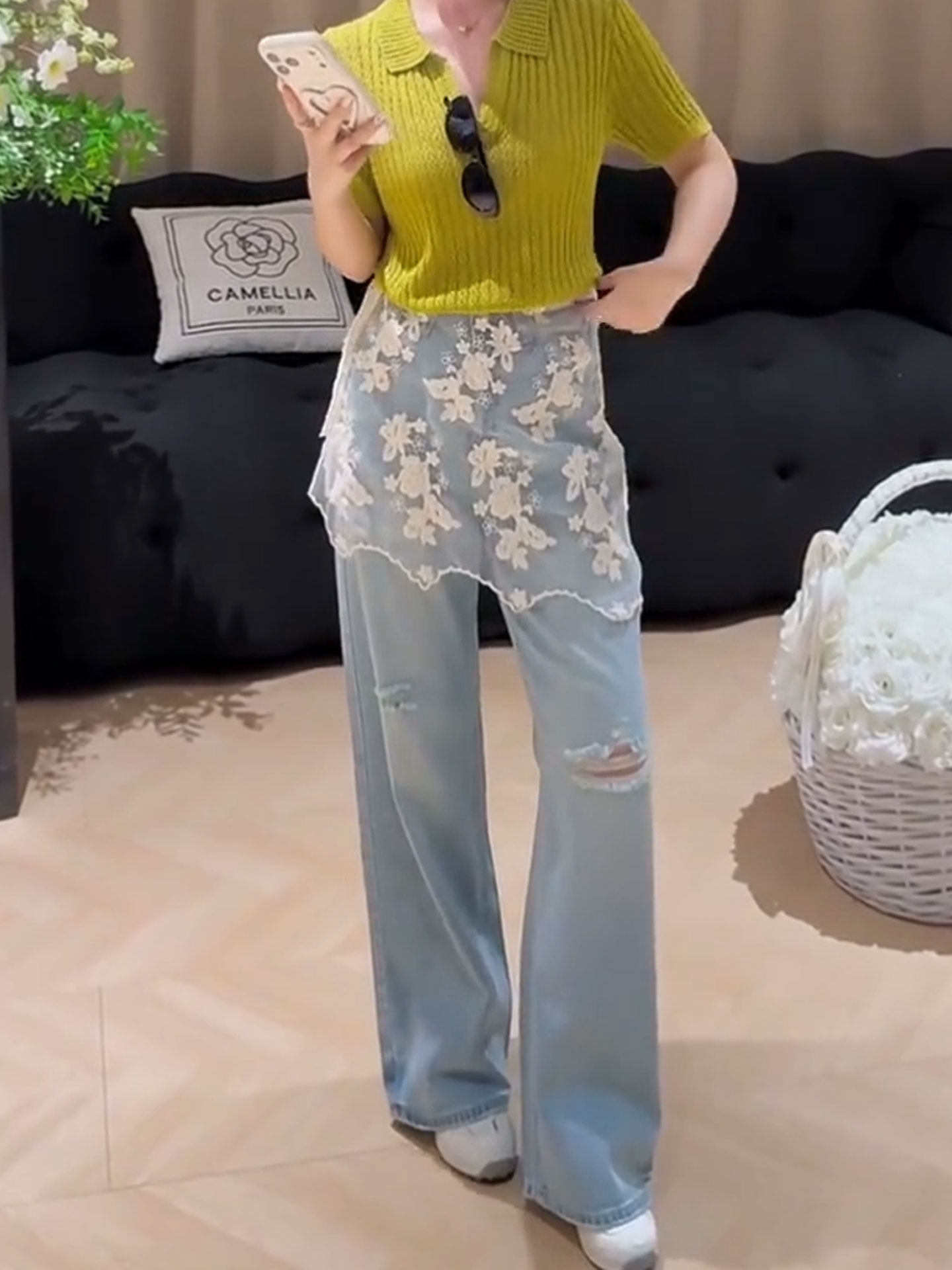 fcklove 한 부서 출퇴근 바람 레이스 방귀 커튼 탈착식 청바지 루즈핏 찢어진 부분 와이드 레그 팬츠 파란색 슬림해 보이는