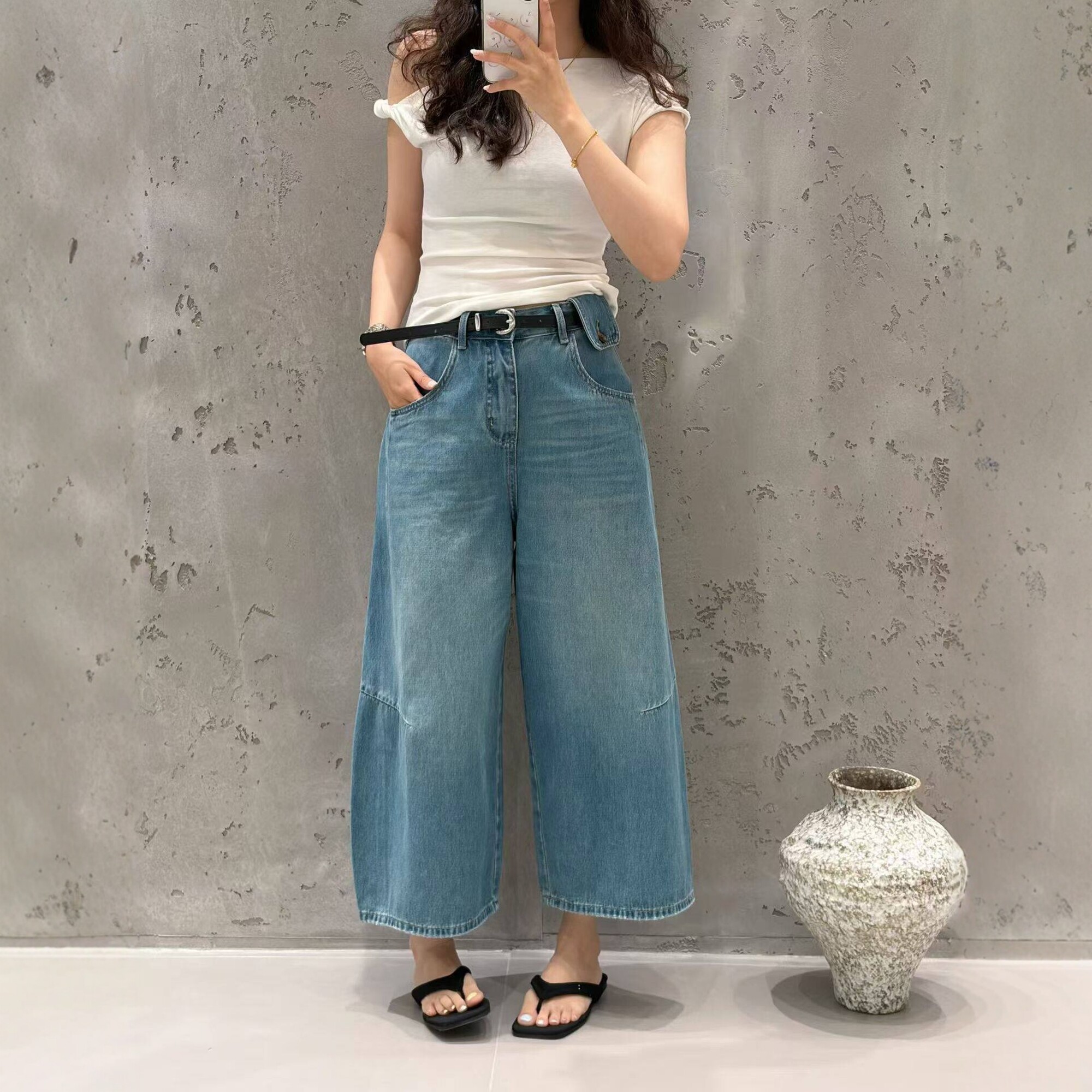유럽 상품 레트로 블루 넓은 다리 청바지 여성 여름 새로운 하이웨이스트 루즈핏 슬림해 보이는 캐주얼 다용도 8 점 모통이 칼 바지