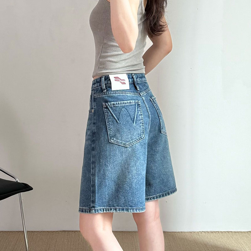 실사 레트로 블루 이후 주머니 디자인 센스 데님 반바지 여름 새로운 하이웨이스트 슬림해 보이는 5 점 캐주얼 바지