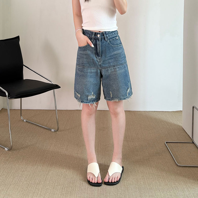 실사 워싱 찢어진 부분 5 점 데님 반바지 2026 여름 새로운 다용도 캐주얼 와이드 레그 팬츠 핫 바지 여성