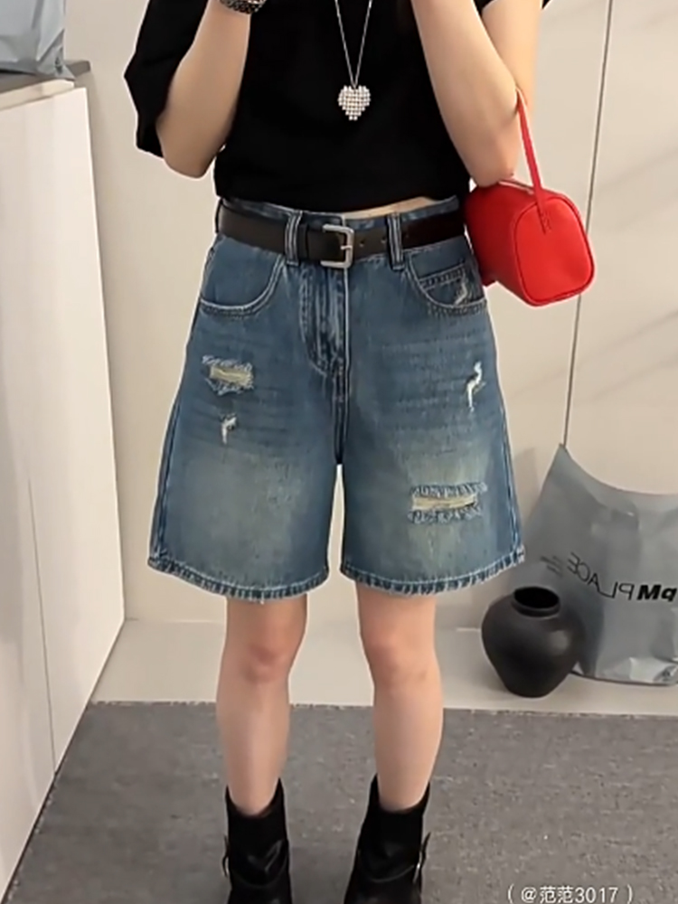 roro.room3017 찢어진 부분 데님 반바지 여성 여름 루즈핏 하이웨이스트 표지 넓적 다리 슬림해 보이는 한 마디 넓은 다리 4 점 바지