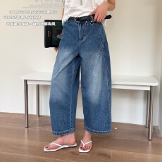 批发<b class='q'>正品</b>TOP欧制61826-复古蓝高腰八分宽松阔腿直筒女牛仔裤夏薄款