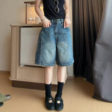 批发蓝色阔腿牛仔<b class='q'>短裤</b>女夏薄款2026新款<b class='q'>大码</b>胖mm宽松显瘦阔腿