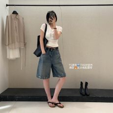 批发元色<b class='q'>韩版</b>复古水洗做旧毛边宽松五分阔腿裤牛仔短裤夏季(配腰带)
