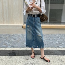 批发<b class='q'>复古</b>高腰磨破牛仔半身裙女2026夏季后开叉宽松百搭休闲A字中长裙