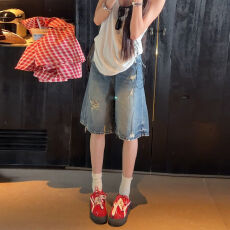 批发美式复古破洞<b class='q'>牛仔</b>五分<b class='q'>短裤</b>女2026夏薄款大码胖mm时髦辣妹直筒中裤