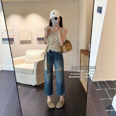 批发素心兰/YOUMO 夏季街头潮流磨损破洞无弹力<b class='q'>九分</b>直筒裤<b class='q'>牛仔裤</b>女潮