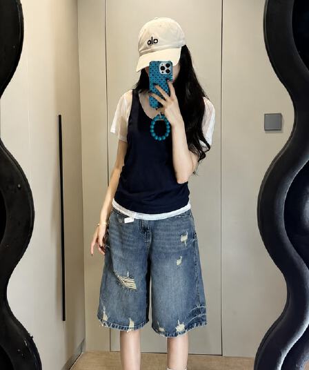 찢어진 부분 파란색 넓은 다리 데님 오부 바지 2026 년 여름 새로운 빅 사이즈 배 모양 하이웨이스트 루즈핏 슬림해 보이는 핫 바지