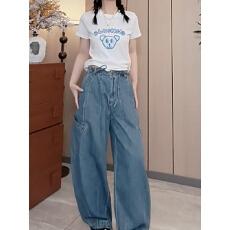 批发欧洲站夏季薄款垂坠感休闲哈伦<b class='q'>牛仔裤</b>女时尚高腰工装风直筒裤3716