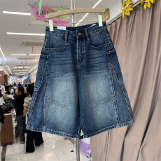 批发美式复古高腰牛仔短裤女夏季新款宽松百搭显瘦阔腿五分裤
