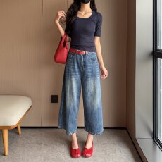 批发复古水洗小个子八分牛仔裤女夏季新款<b class='q'>高腰</b>显瘦百搭阔腿中裤潮