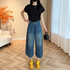 批发美式水洗蓝色八分牛仔裤女2026夏季新款复古百搭小个子显瘦<b class='q'>阔腿裤</b>