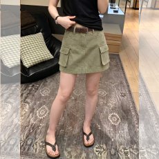 批发工装风多口袋半身裙女夏季高腰A字显瘦短裙绿色时尚<b class='q'>百搭</b>A字裙