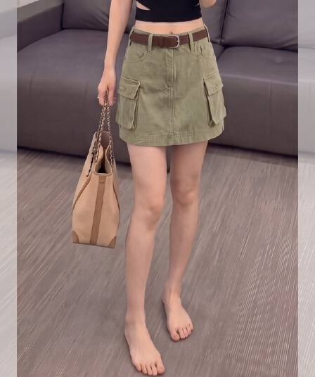 워크웨어 바람 기타 주머니 반신 스커트 여성 여름 하이웨이스트 한 마디 슬림해 보이는 미니 스커트 녹색 패션 다용도 A라인 스커트