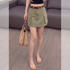 批发工装风多口袋半身裙女夏季高腰A字显瘦短裙绿色时尚<b class='q'>百搭</b>A字裙