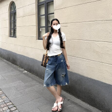 批发复古蓝破洞五分牛仔短裤女夏季新款高腰宽松显瘦百搭阔腿直筒中裤