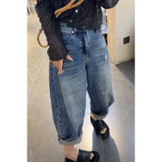 批发大码夏季薄款高腰破洞阔腿<b class='q'>牛仔裤</b>女胖妹妹梨型身材显瘦九分老爹裤