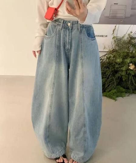 유럽 상품 넓은 다리 청바지 여성 여름 새로운 슬림해 보이는 루즈핏 다용도 워싱 레트로 파란색 풍선 캐주얼 바지