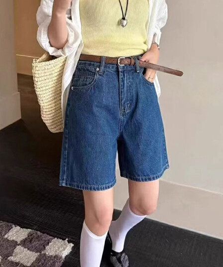 진한 파란색 하이웨이스트 4 점 데님 반바지 여성 여름 유럽 상품 스트레이트 루즈핏 슬림해 보이는 캐주얼 한 마디 넓은 다리 핫 바지