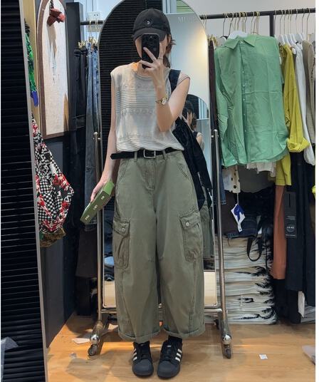 올리브 그린 아메리칸 9 포인트 워크웨어 팬츠 2026 여름 새로운 루즈핏 슬림해 보이는 캐주얼 9 포인트 스트레이트 청바지