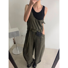 批发欧货复古军绿色系带牛仔背带裤<b class='q'>女</b>2026夏季宽松减龄百搭阔腿<b class='q'>连体裤</b>
