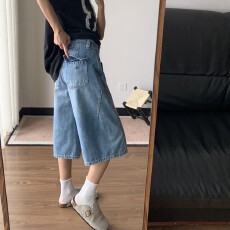 批发夏日七分牛仔阔腿裤<b class='q'>女</b>2026新款宽松版型超好7分中裤口袋提臀短裤