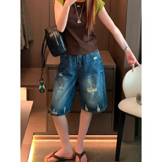 批发美式街头复古蓝破洞六分<b class='q'>牛仔</b><b class='q'>短裤</b>女夏季新款宽松显瘦阔腿直筒裤