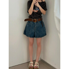 批发欧货韩系复古深蓝色<b class='q'>牛仔</b><b class='q'>短裤</b>女夏季新款<b class='q'>高腰</b>宽松显瘦A字阔腿热裤