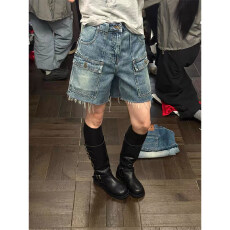 批发<b class='q'>大码</b>复古美式工装牛仔短裤女夏季胖mm宽松高腰显瘦直筒阔腿热裤子