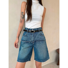 批发欧货拼接毛边高腰直筒牛仔短<b class='q'>裤</b>女2026夏季新款宽松五<b class='q'>分</b><b class='q'>裤</b>阔腿中<b class='q'>裤</b>