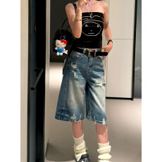批发欧货复古破洞牛仔五<b class='q'>分</b><b class='q'>裤</b>女夏季新款高腰做旧工装宽松阔腿直筒中<b class='q'>裤</b>