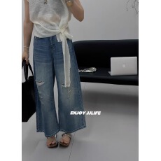 批发<b class='q'>欧洲站</b>2026夏季后腰黄色字母定标薄款显瘦<b class='q'>牛仔裤</b>水洗割破九分裤潮