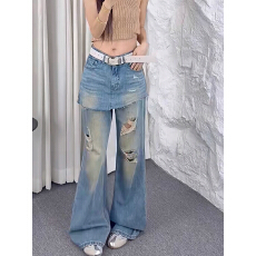 批发屁帘喇叭裤裙牛仔裤女2026秋季新款破洞假两件高腰显瘦<b class='q'>长</b>裤