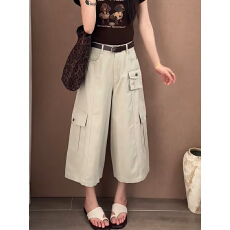 批发复古工装阔腿<b class='q'>七分裤</b><b class='q'>女</b>秋新款多口袋设计宽松直筒牛仔中裤