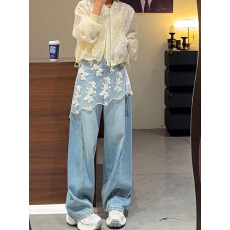 批发欧货jeans蕾丝屁帘牛仔<b class='q'>裤</b>女早秋高腰显瘦宽松洋气阔腿<b class='q'>裤</b><b class='q'>弯刀</b><b class='q'>裤</b>
